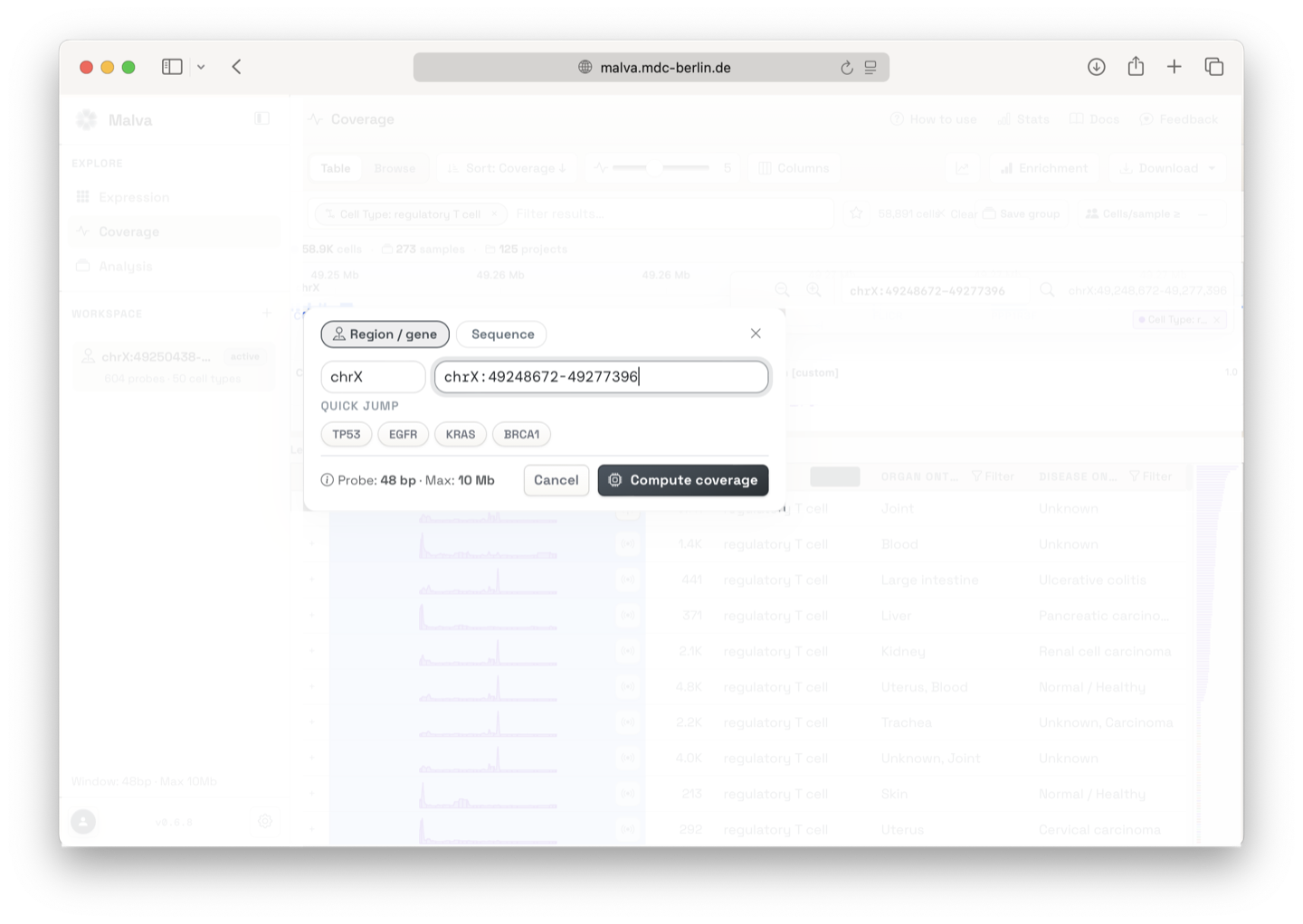 Region search box with gene lookup