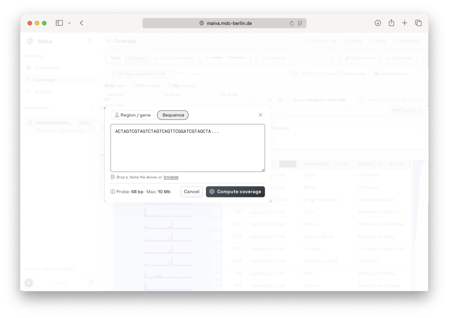 Sequence input with a pasted DNA sequence
