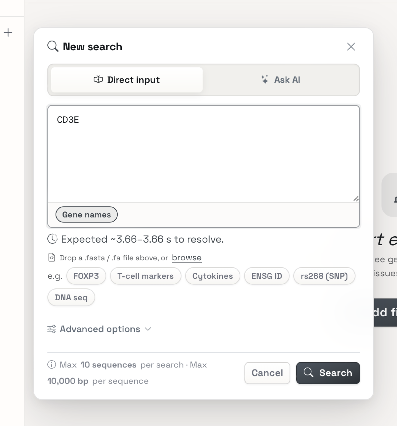 Expression search box with a natural language query