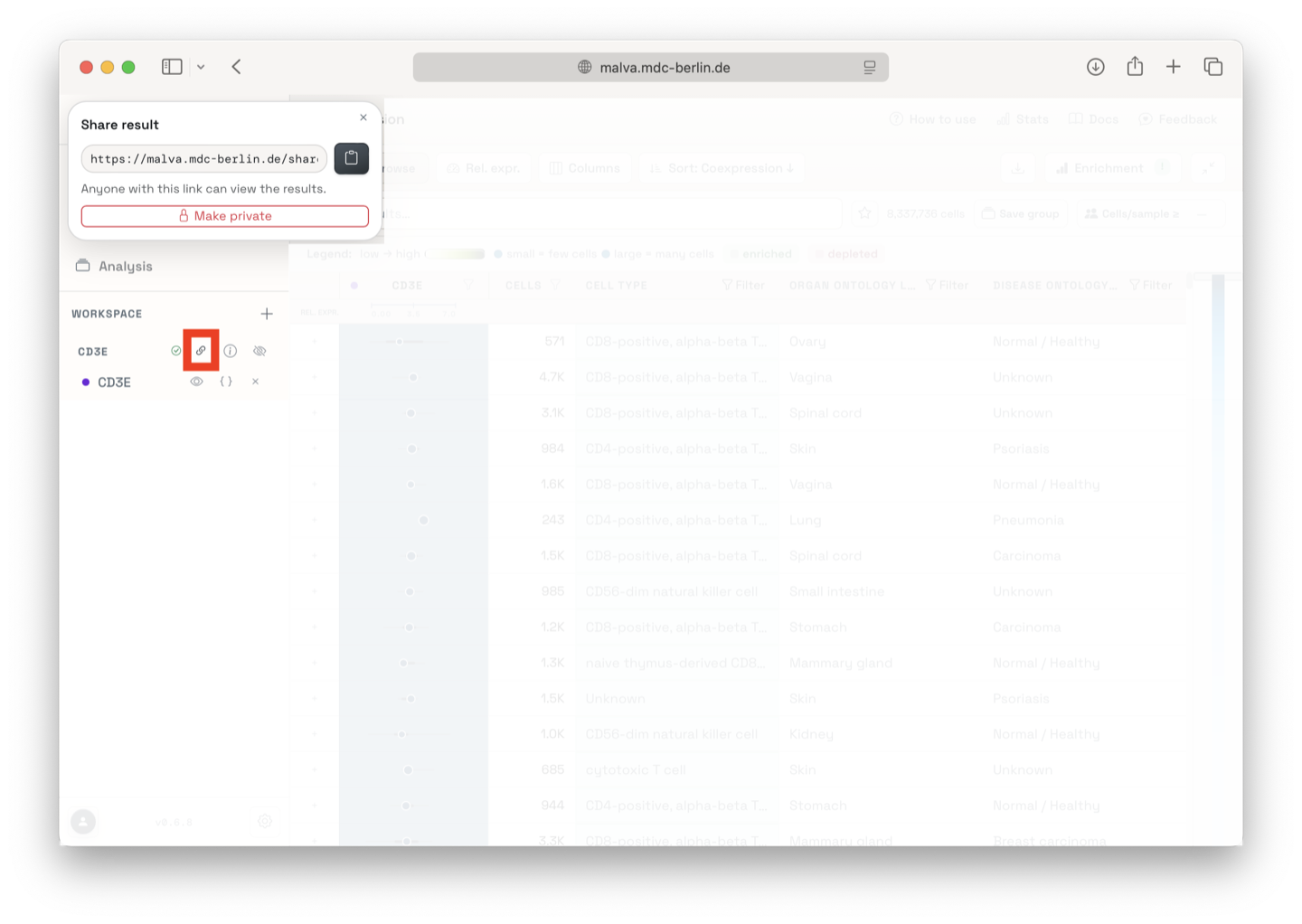 Share button with copy-link panel